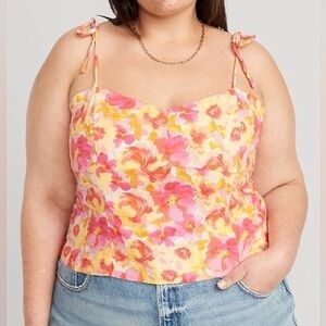 Fitted Linen Tie Shoulder Crop Top